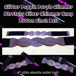 Glitter Poppin Purple Glimmer Stretchy Silver Shimmer Snap Button Cinch Belt | L